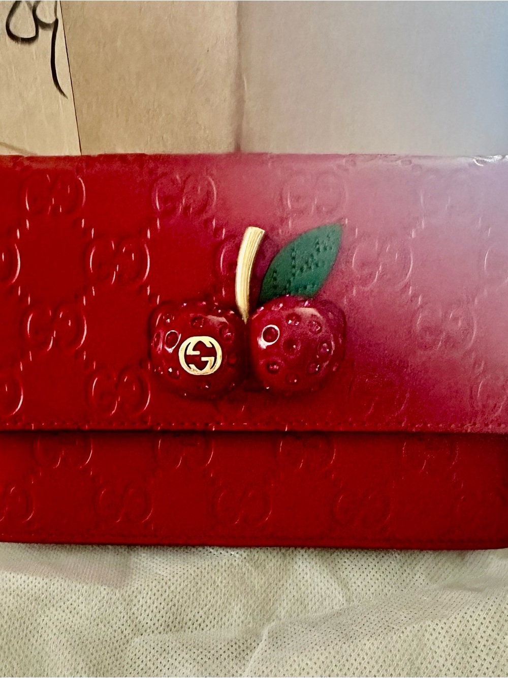 Red Gucci Cherry Crossbody Wallet on Chain (Style 481291) Guccissima, Beautiful